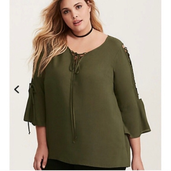 TORRID Lace-Up Sleeve Challis Blouse in Dark Olive Green Top - Picture 2 of 10